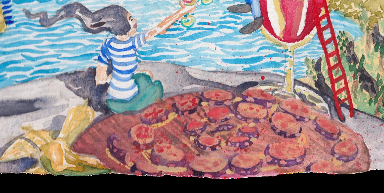 Detalle de la etiqueta: la mesa de pizarra con pulpo